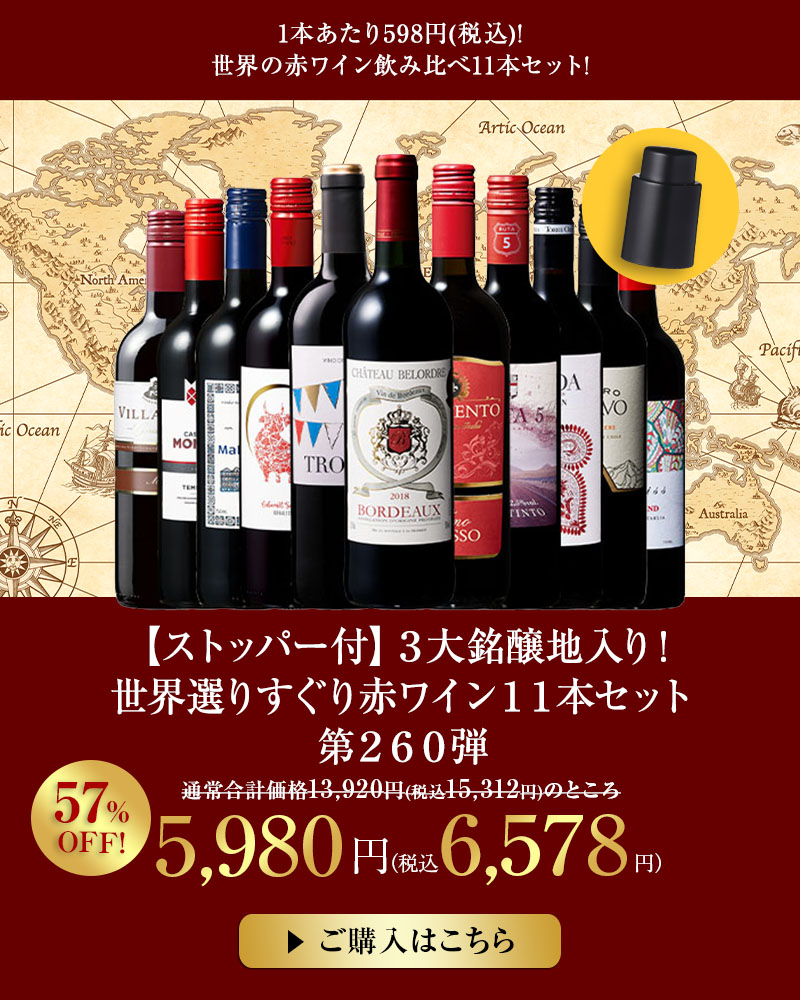 【特別送料無料】【ストッパー付】３大銘醸地入り！世界選りすぐり赤ワイン１１本セット　第２６０弾