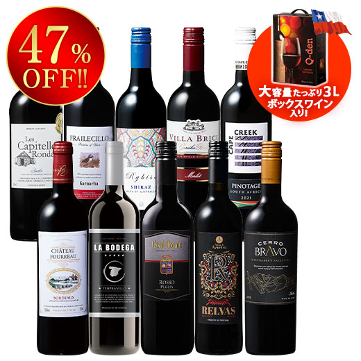 ボックスワイン付き！世界８ヵ国選りすぐり赤ワイン１０本セット