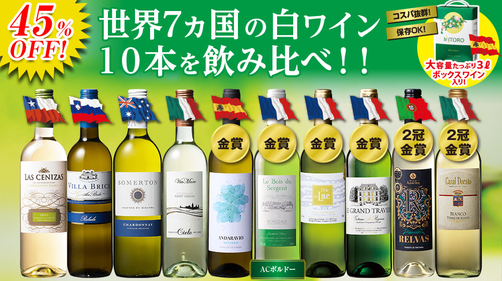 ボックスワイン付き！世界の白ワイン10本セット