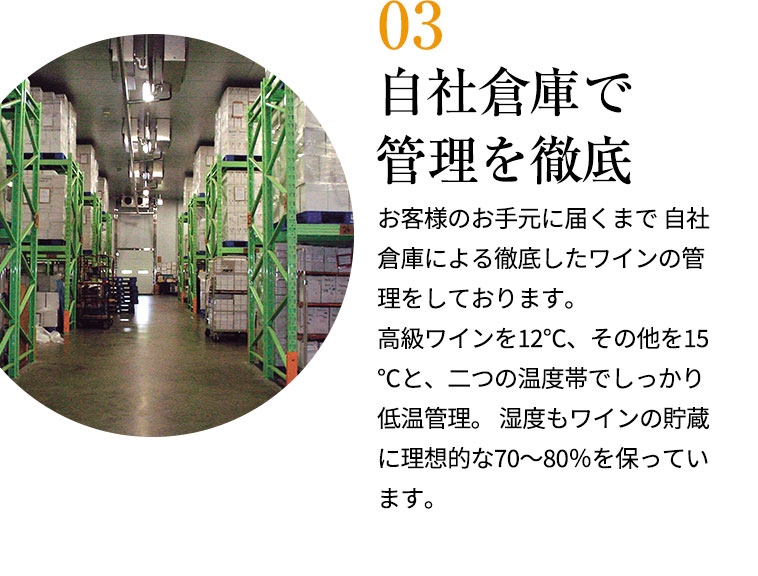 自社倉庫で管理を徹底/お客様のお手元に届くまで 自社倉庫による徹底したワインの管理をしております。高級ワインを12℃、その他を15℃と、二つの温度帯でしっかり低温管理。 湿度もワインの貯蔵に理想的な70～80％を保っています。