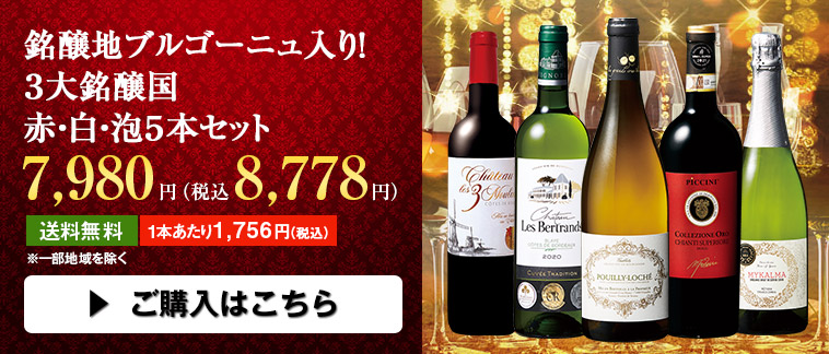 銘醸地ブルゴーニュ入り！３大銘醸国赤・白・泡５本セット