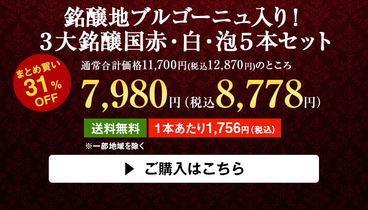 銘醸地ブルゴーニュ入り！３大銘醸国赤・白・泡５本セット