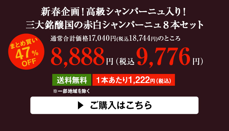 新春企画！高級シャンパーニュ入り！三大銘醸国の赤白シャンパーニュ８本セット