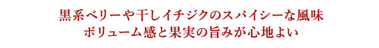 黒系ベリーや干しイチジクのスパイシーな風味ボリューム感と果実の旨みが心地よい