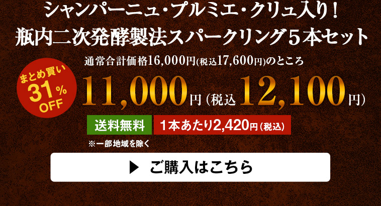 シャンパーニュ・プルミエ・クリュ入り！瓶内二次発酵製法スパークリング５本セット