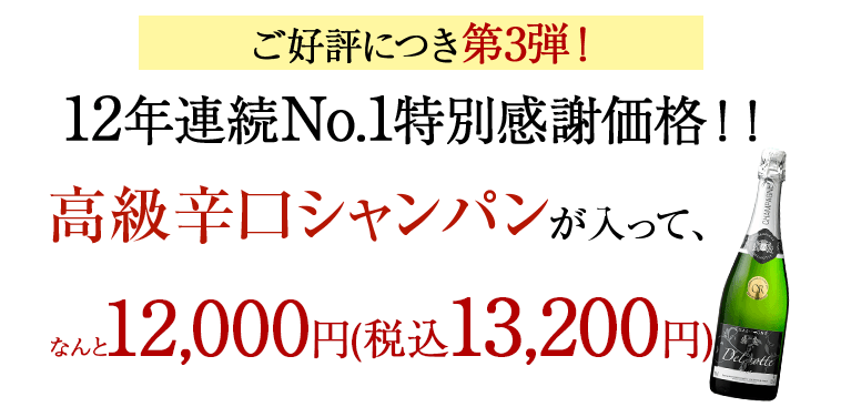 ご好評につき第3弾！12年連続No.1特別感謝価格!!高級辛口シャンパンが入って、なんと13,200円（税込）