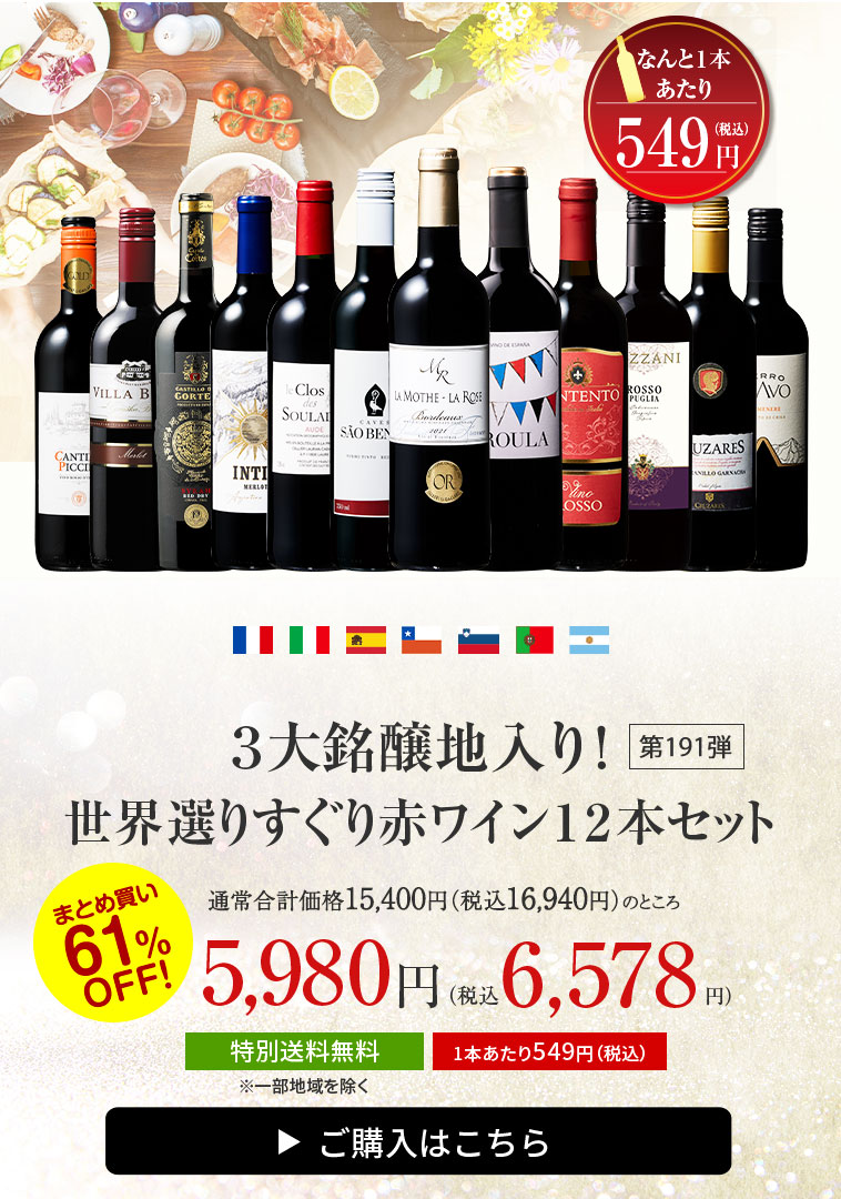 【特別送料無料】３大銘醸地入り！世界選りすぐり赤ワイン１２本セット　第191弾