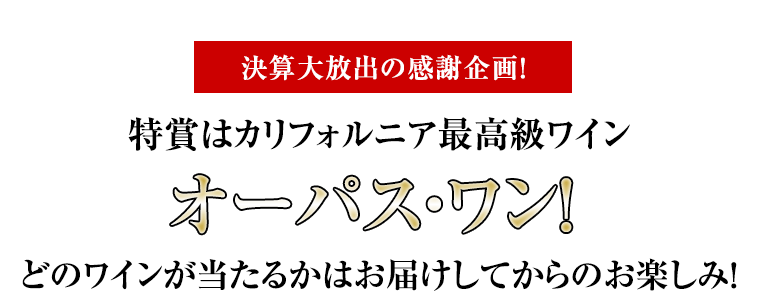 決算大放出の感謝企画！特賞はカリフォルニア最高級ワインオーパス・ワン！どのワインが当たるかはお届けしてからのお楽しみ！