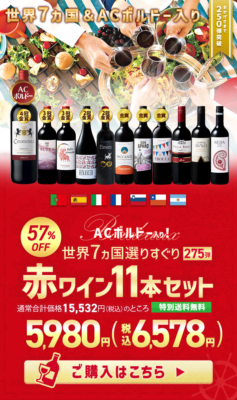 【特別送料無料】３大銘醸地入り！世界選りすぐり赤ワイン１１本セット　第275弾