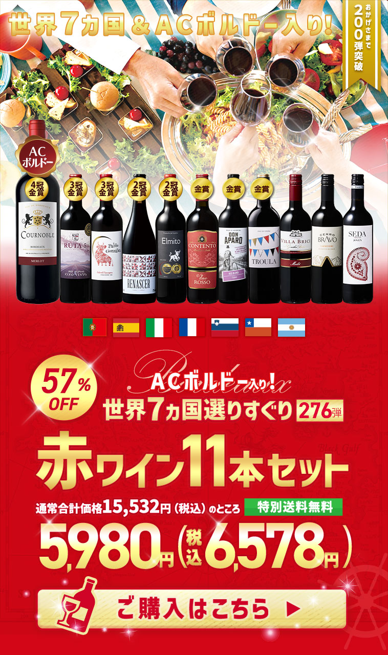 【特別送料無料】３大銘醸地入り！世界選りすぐり赤ワイン１１本セット　第276弾