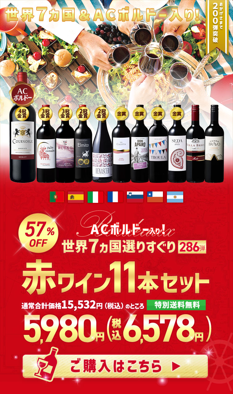 【特別送料無料】３大銘醸地入り！世界選りすぐり赤ワイン１１本セット　第286弾
