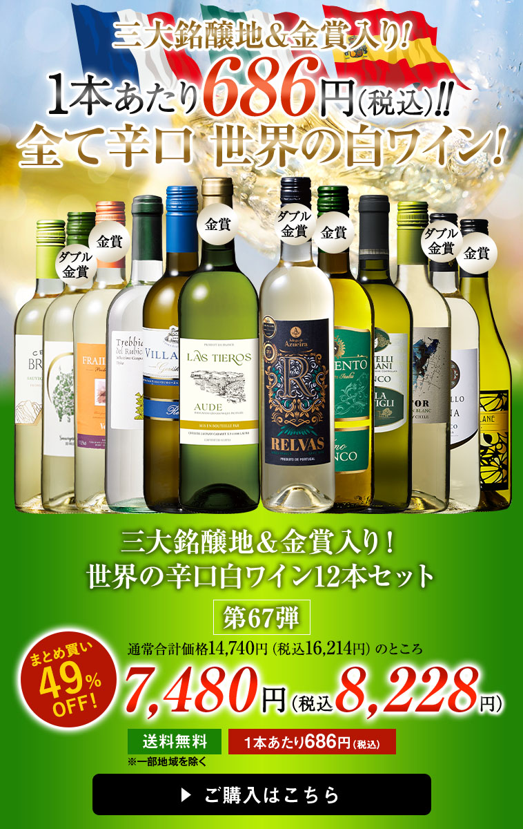 三大銘醸地＆金賞入り！世界の辛口白ワイン12本セット 第67弾
