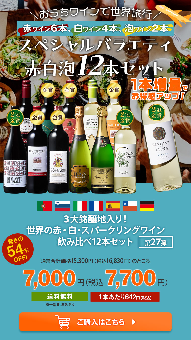 ３大銘醸地入り！世界の赤・白・スパークリングワイン飲み比べ12本セット 第27弾