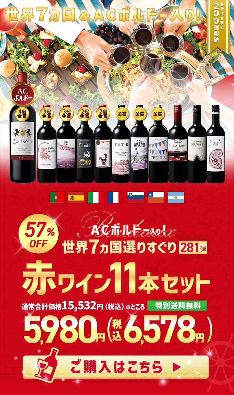 【特別送料無料】３大銘醸地入り！世界選りすぐり赤ワイン１１本セット　第281弾