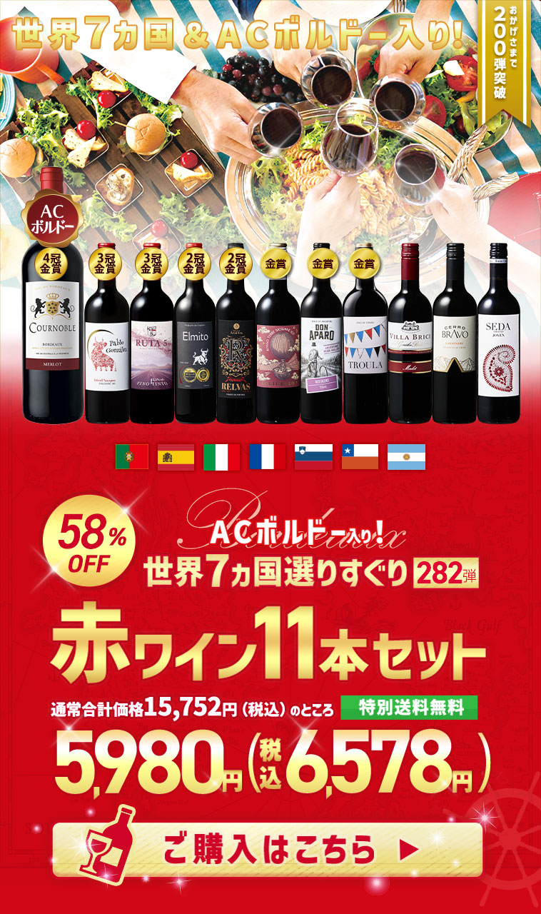 【特別送料無料】３大銘醸地入り！世界選りすぐり赤ワイン１１本セット　第282弾