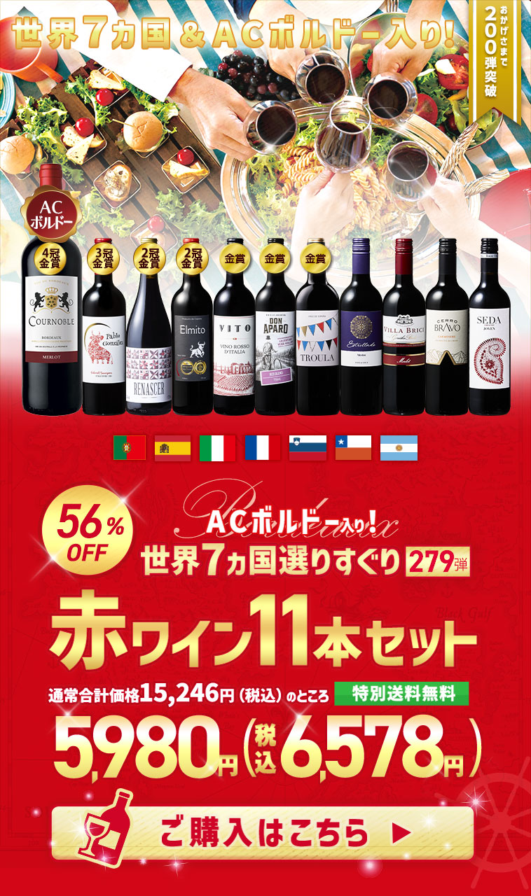 【特別送料無料】３大銘醸地入り！世界選りすぐり赤ワイン１１本セット　第279弾