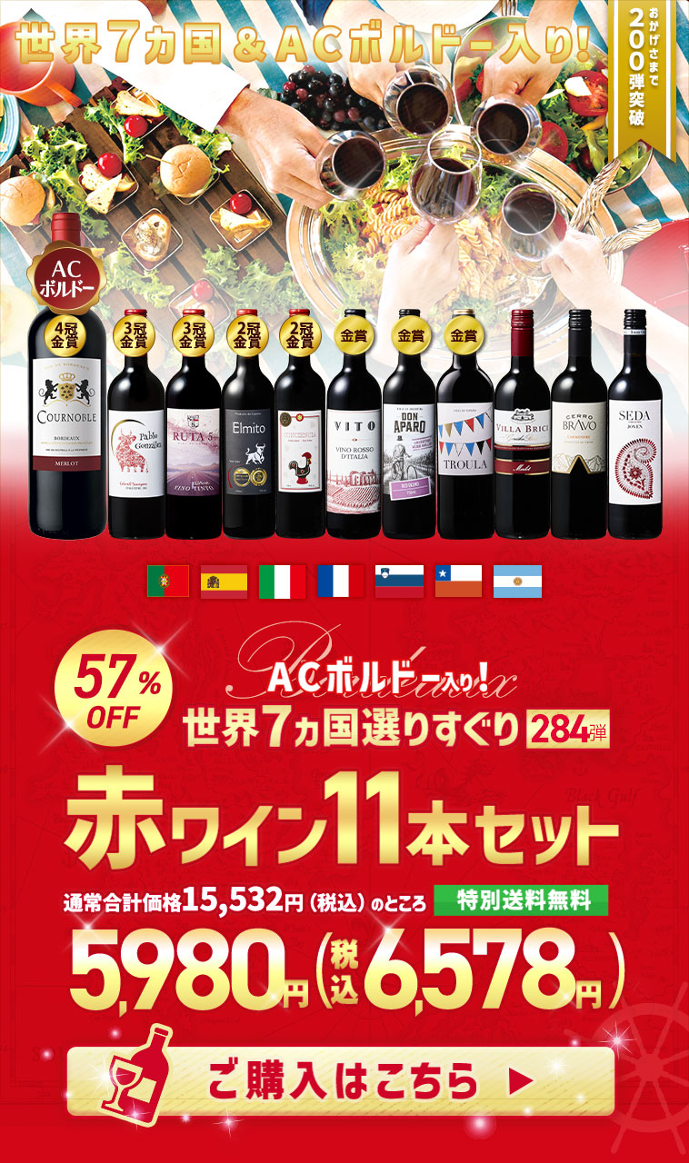 【特別送料無料】３大銘醸地入り！世界選りすぐり赤ワイン１１本セット　第284弾