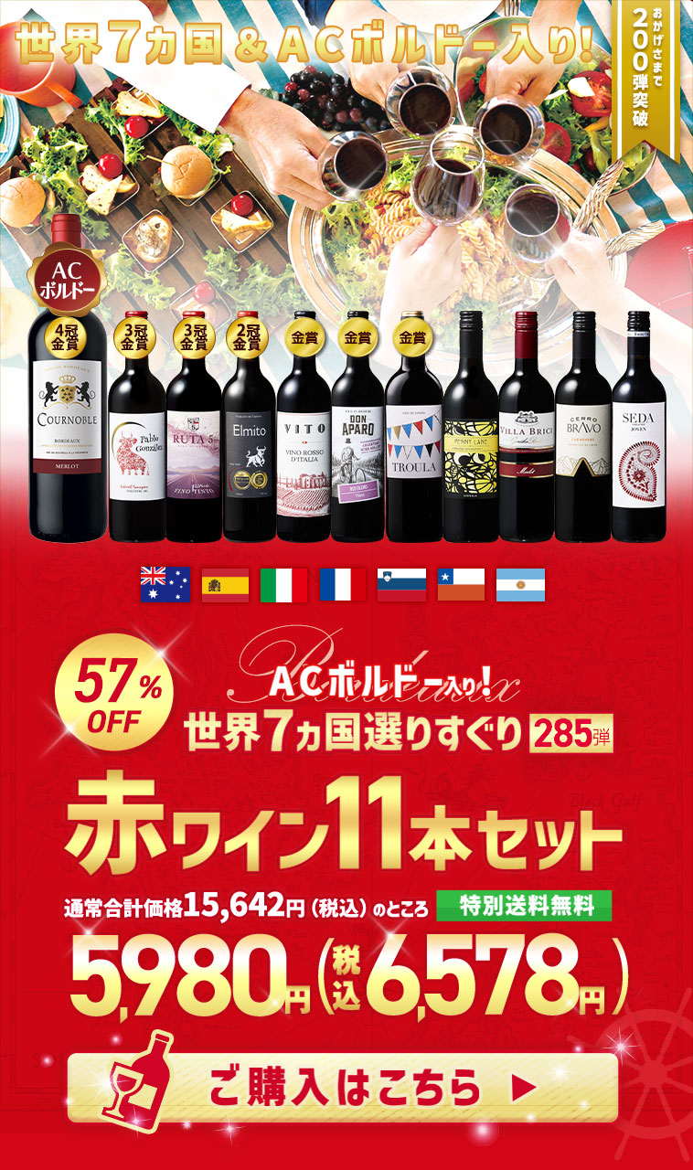 【特別送料無料】３大銘醸地入り！世界選りすぐり赤ワイン１１本セット　第285弾