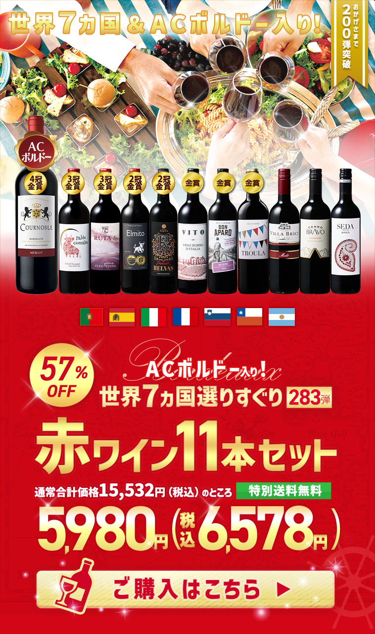 【特別送料無料】３大銘醸地入り！世界選りすぐり赤ワイン１１本セット　第283弾