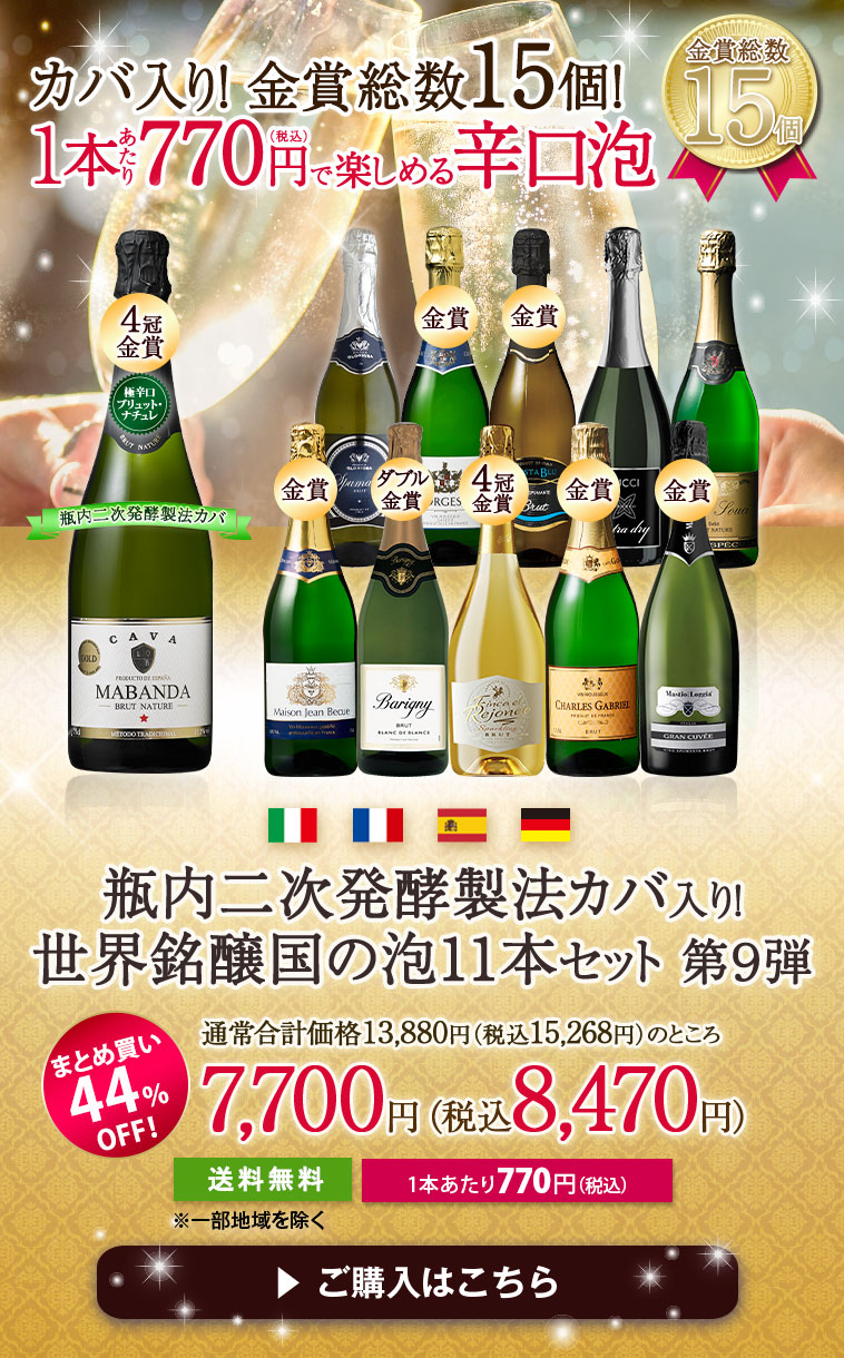 瓶内二次発酵カバ入り！世界銘醸国の泡１１本セット