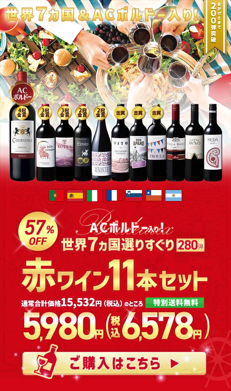 【特別送料無料】３大銘醸地入り！世界選りすぐり赤ワイン１１本セット　第280弾