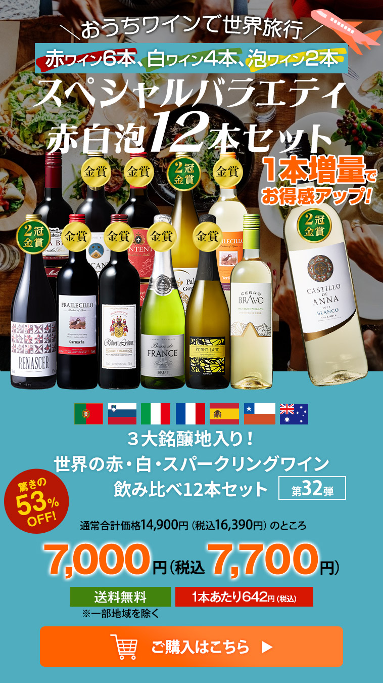 ３大銘醸地入り！世界の赤・白・スパークリングワイン飲み比べ12本セット 第32弾
