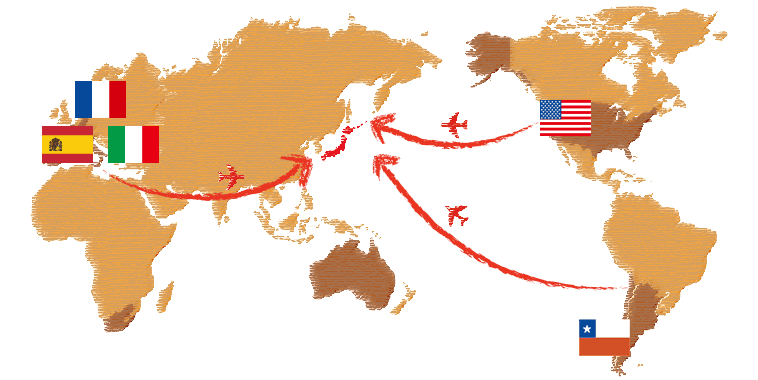 フランス、イタリア、スペイン、アメリカ、チリ