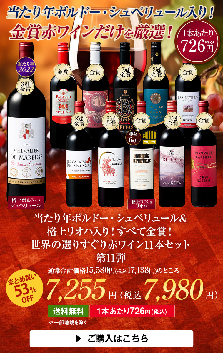 ボルドー・シュペリュール入り！すべて金賞！世界の選りすぐり赤ワイン１１本 第11弾