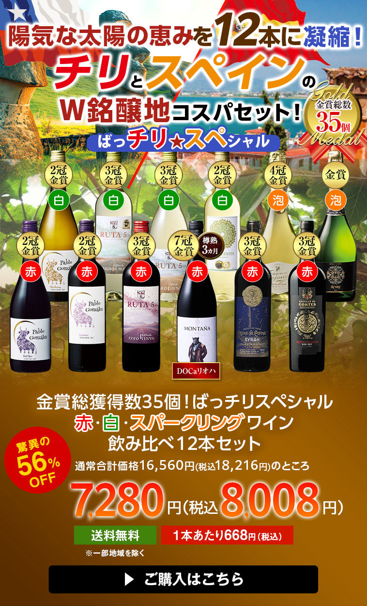 金賞総獲得数３５個！ばっチリスペシャル赤・白・スパークリングワイン飲み比べ１2本セット