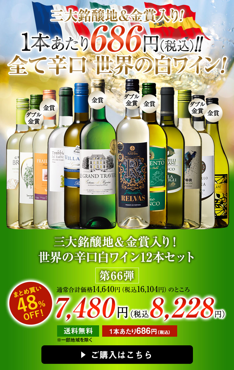 三大銘醸地＆金賞入り！世界の辛口白ワイン12本セット 第66弾