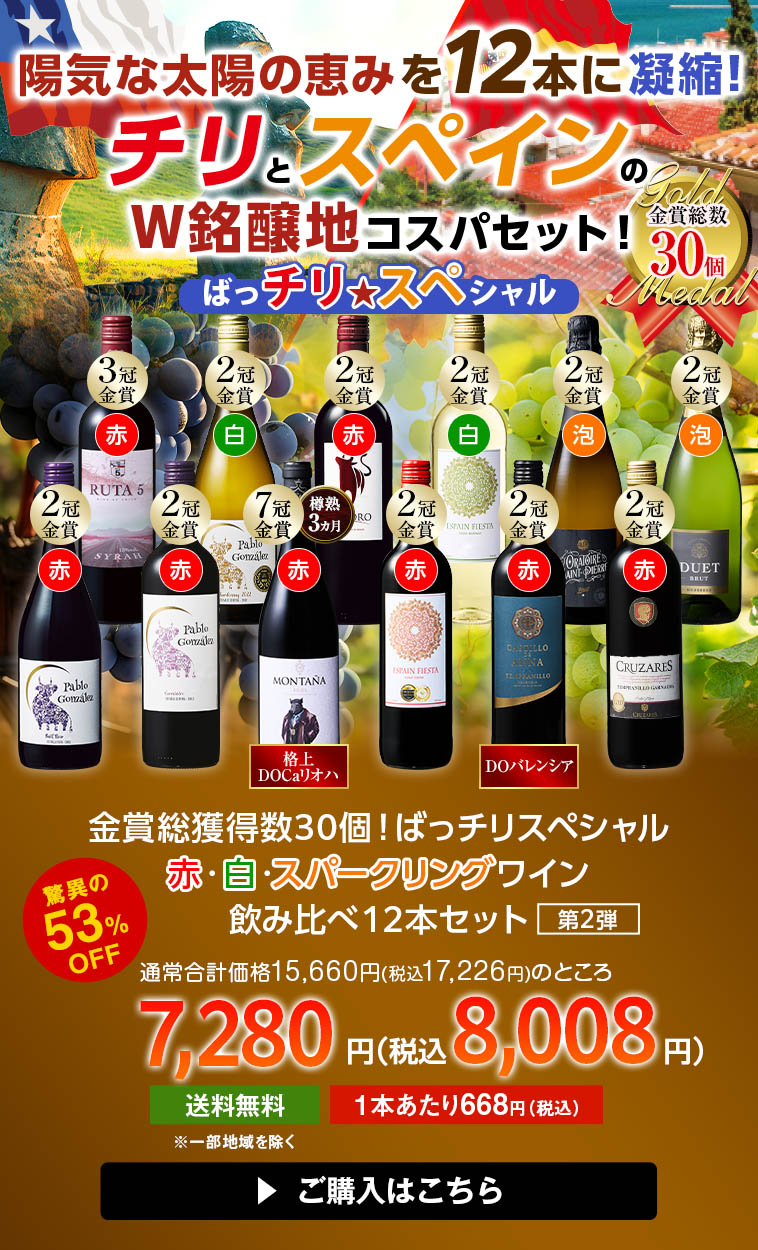 金賞総獲得数３０個！ばっチリスペシャル赤・白・スパークリングワイン飲み比べ１2本セット第2弾