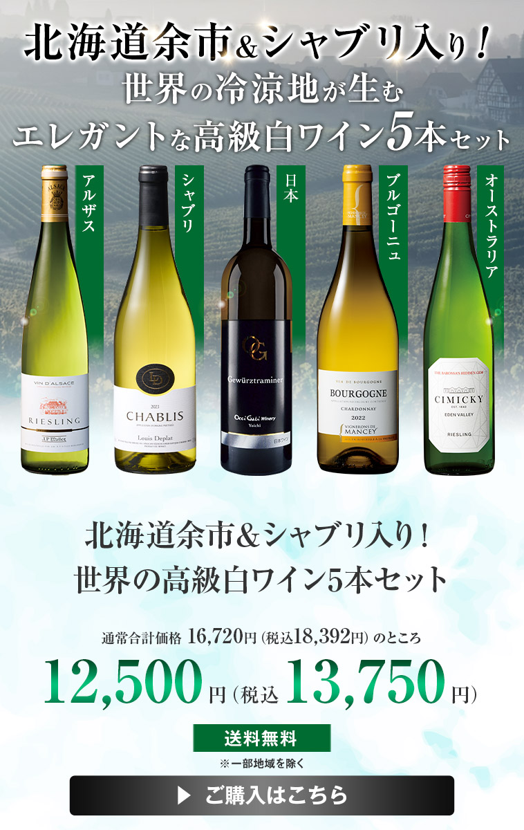 北海道余市＆シャブリ入り！世界の高級白ワイン5本セット