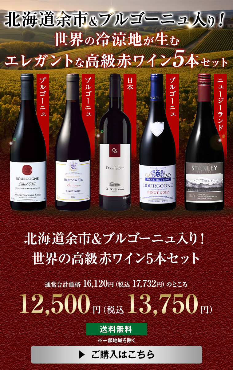 北海道余市＆ブルゴーニュ入り！世界の高級赤ワイン5本セット
