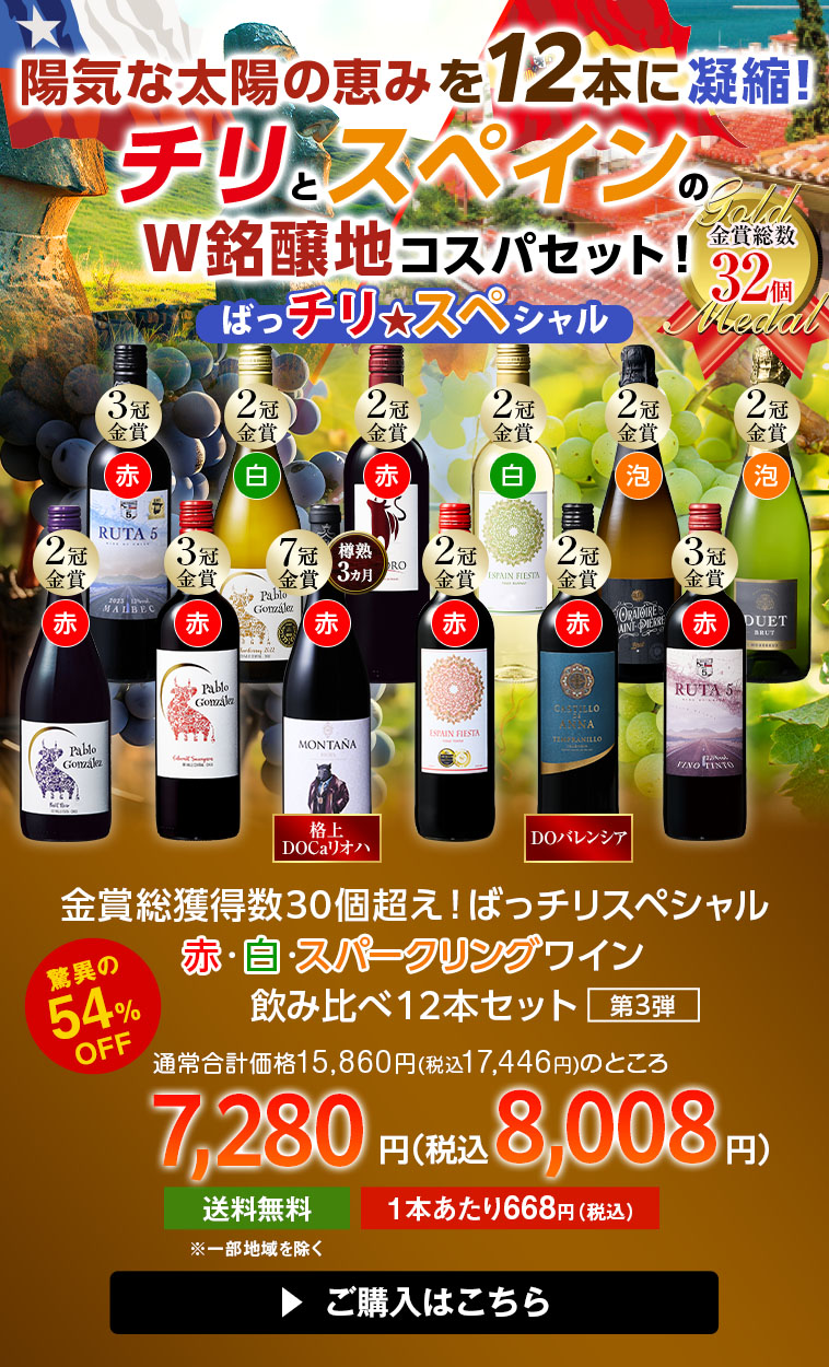 金賞総獲得数３２個！ばっチリスペシャル赤・白・スパークリングワイン飲み比べ１2本セット第3弾