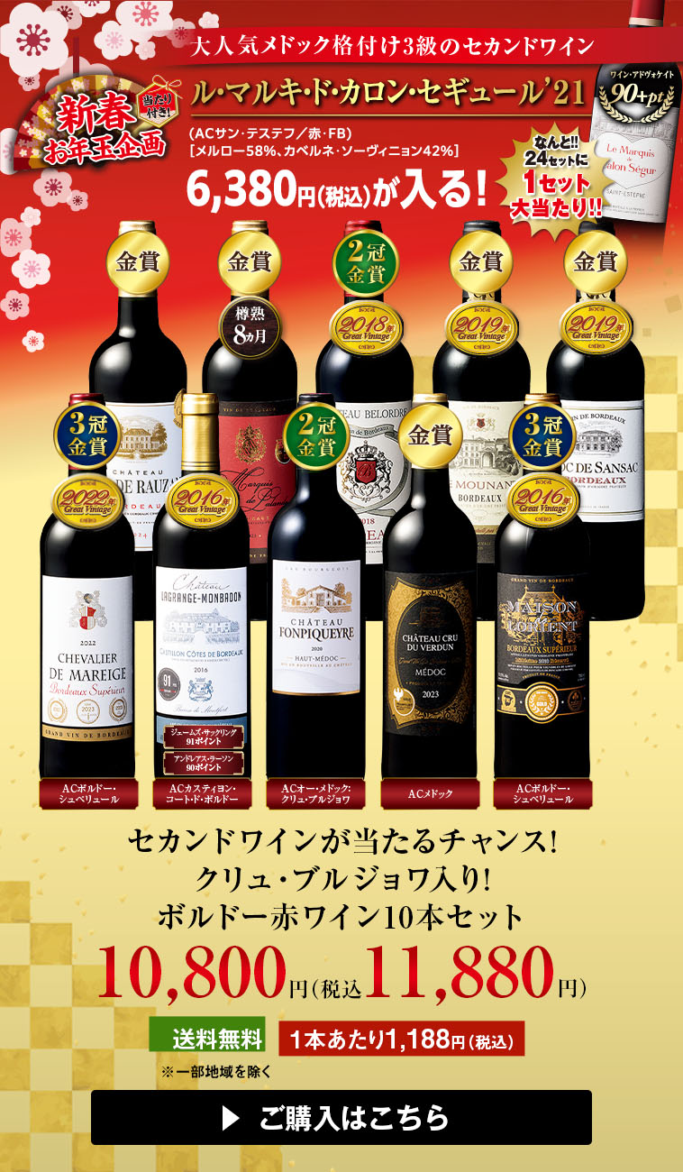 セカンドワインが当たるチャンス!クリュ・ブルジョワ入り!ボルドー赤ワイン10本セット