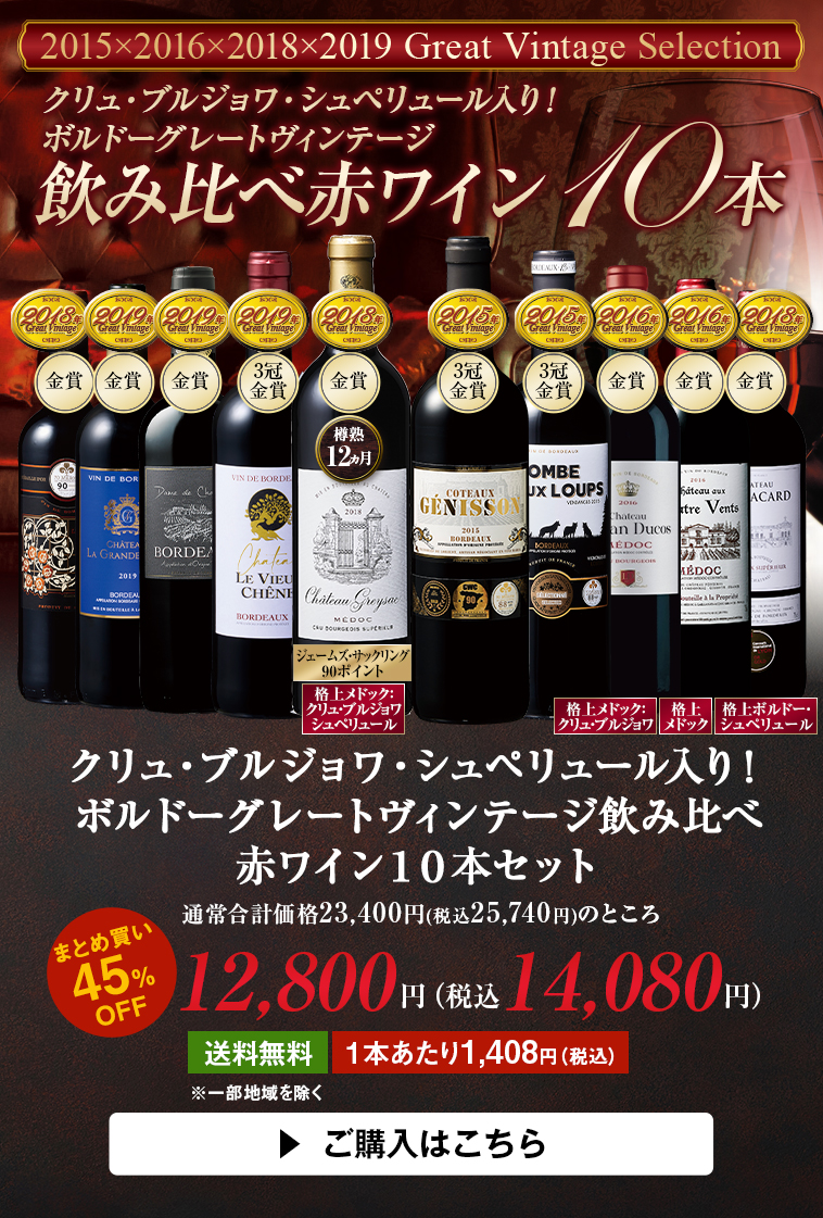 クリュ・ブルジョワ・シュペリュール入り！ボルドーグレートヴィンテージ飲み比べ赤ワイン１０本セット