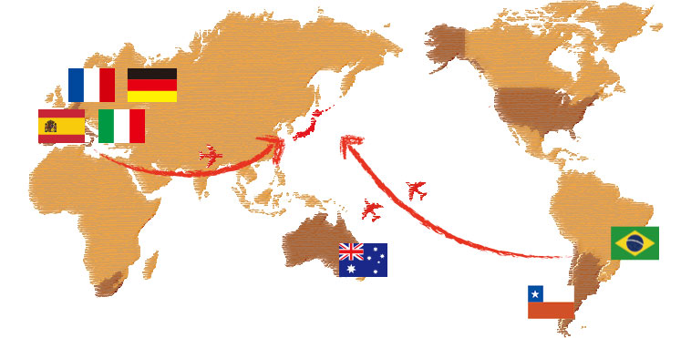 フランス、イタリア、スペイン、ドイツ、オーストラリア、チリ、ブラジル