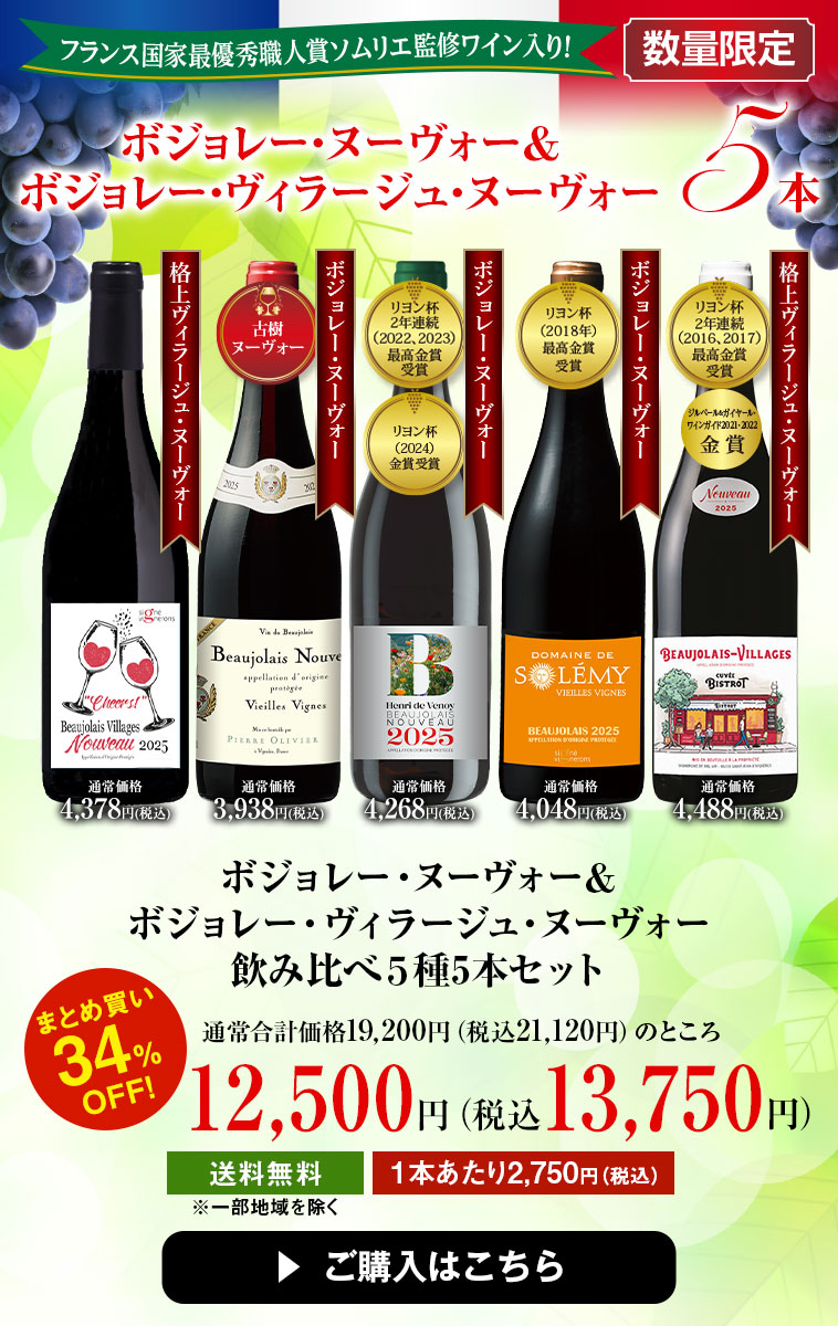 ボジョレー・ヌーヴォー&ボジョレー・ヴィラージュ・ヌーヴォー飲み比べ５種5本セット