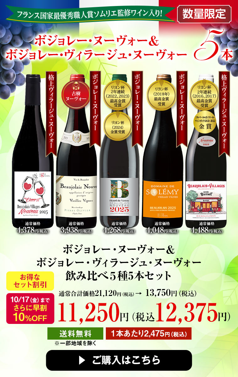 【早割】ボジョレー・ヌーヴォー&ボジョレー・ヴィラージュ・ヌーヴォー飲み比べ５種5本セット