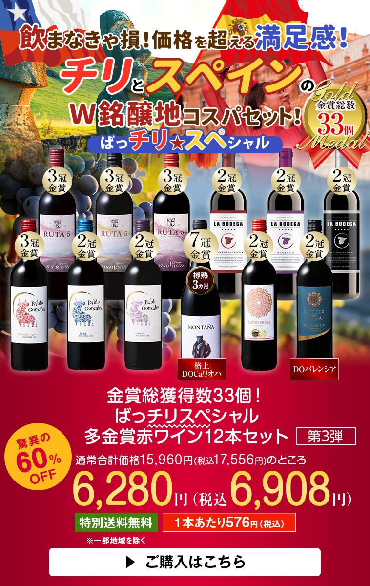 金賞総獲得数33個！ばっチリスペシャル多金賞赤ワイン12本セット第3弾