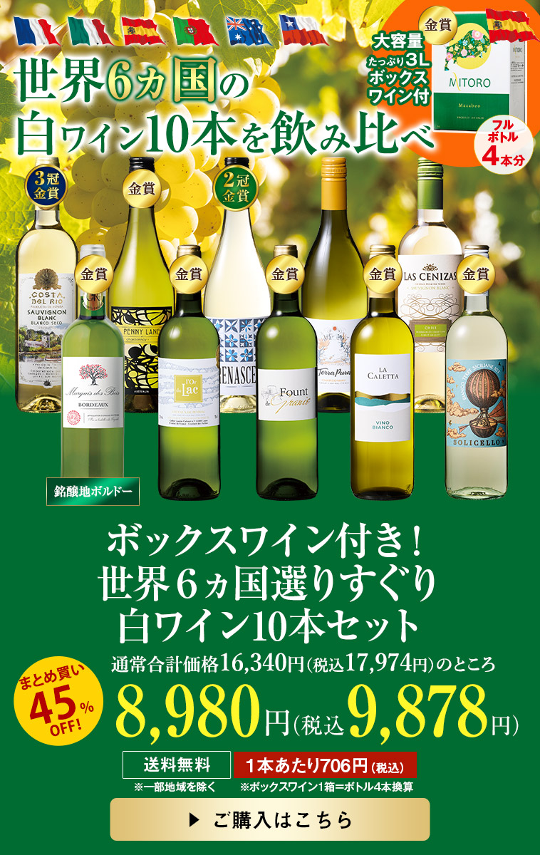 ボックスワイン付き！世界６ヵ国選りすぐり白ワイン１０本セット