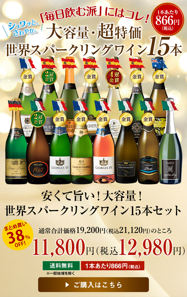 安くて旨い！大容量！世界スパークリングワイン１５本セット