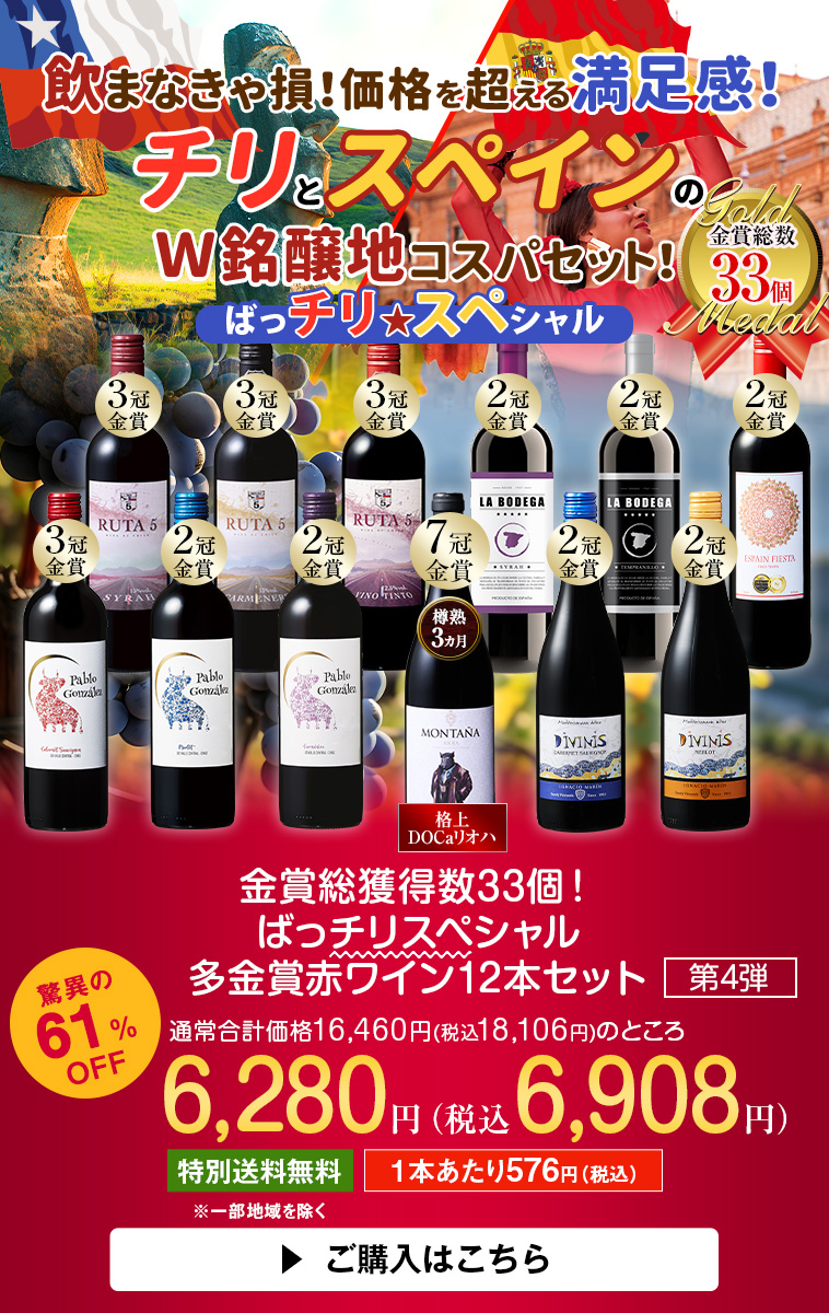 金賞総獲得数33個！ばっチリスペシャル多金賞赤ワイン12本セット第4弾