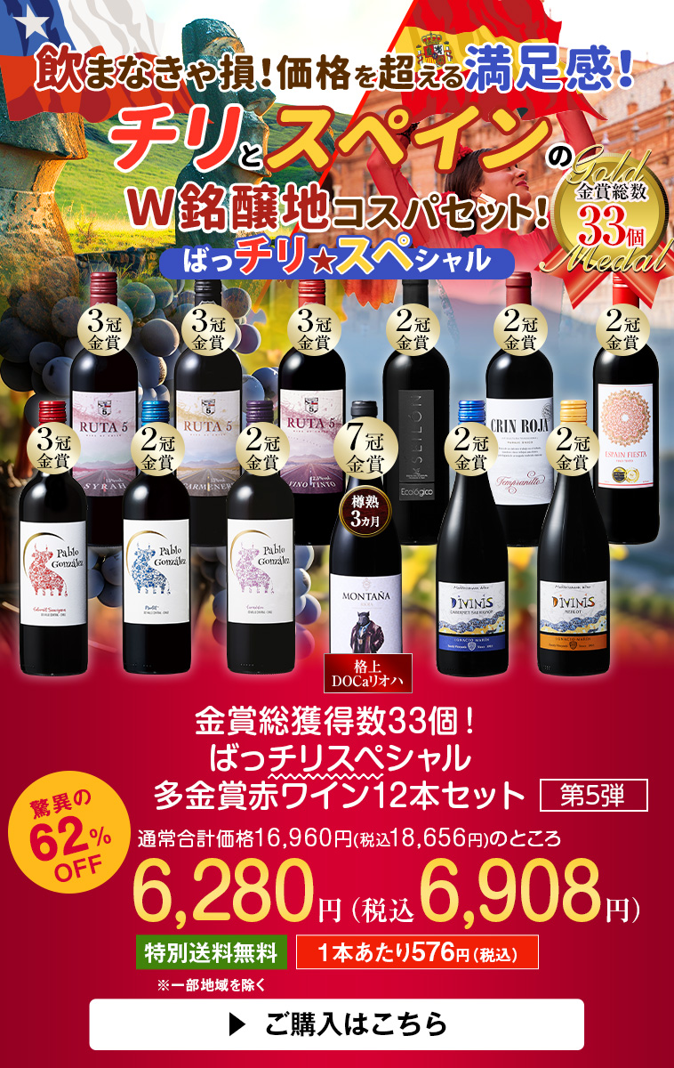 金賞総獲得数33個！ばっチリスペシャル多金賞赤ワイン12本セット第5弾