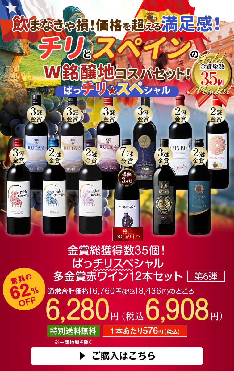 金賞総獲得数33個！ばっチリスペシャル多金賞赤ワイン12本セット第6弾