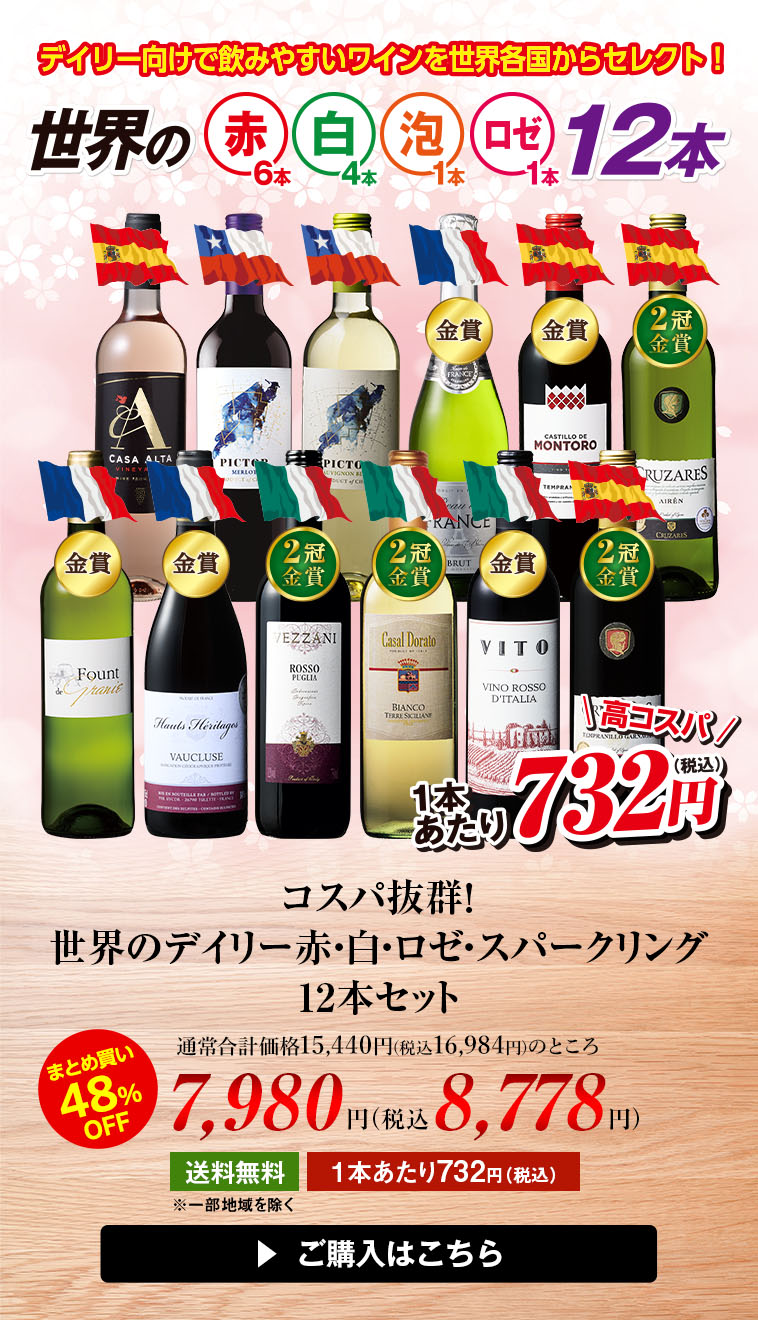 コスパ抜群！世界のデイリー赤・白・ロゼ・スパークリング12本セット