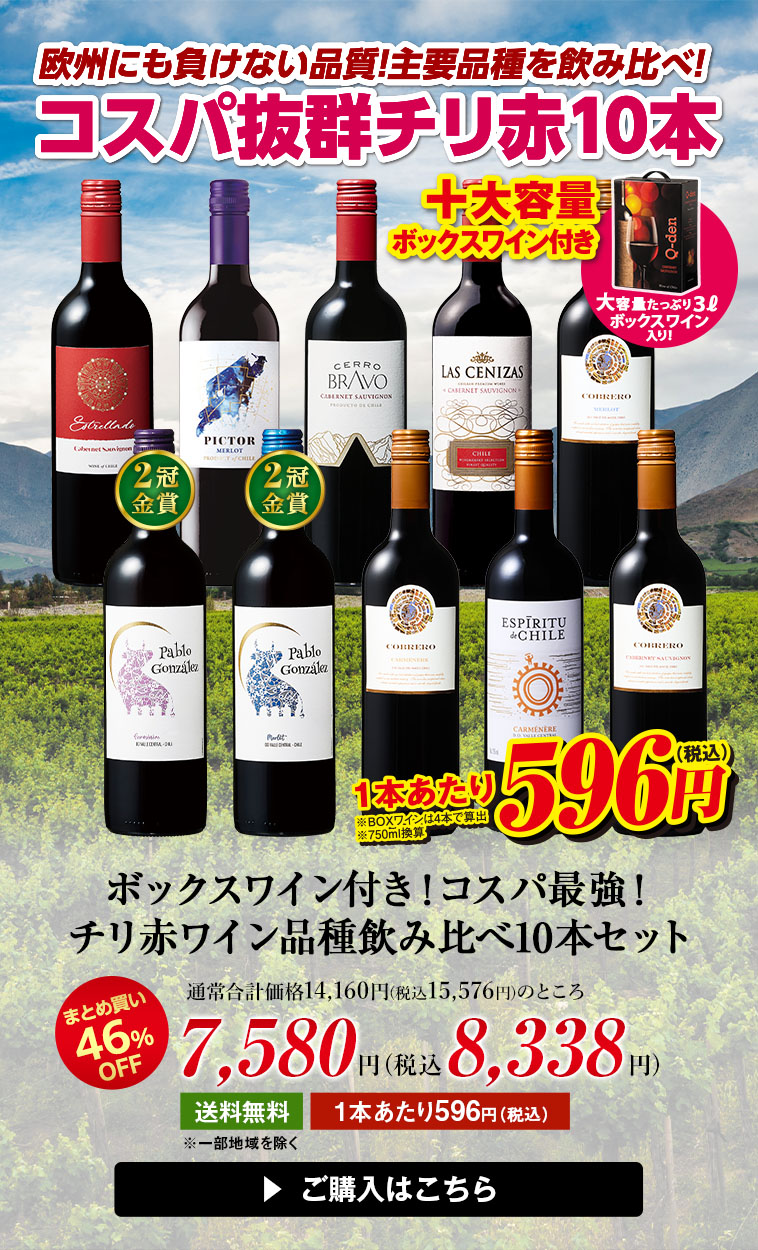 ボックスワイン付き！コスパ最強！チリ赤ワイン品種飲み比べ10本セット