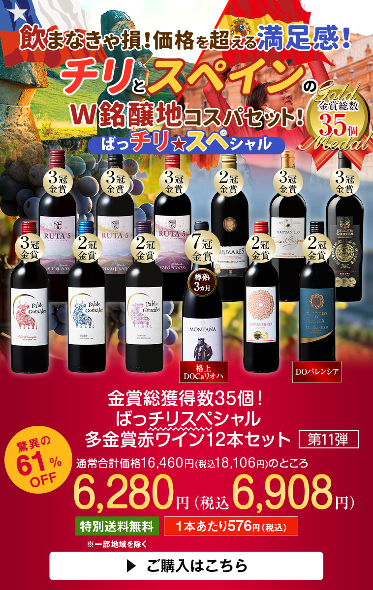 金賞総獲得数36個！ばっチリスペシャル多金賞赤ワイン12本セット