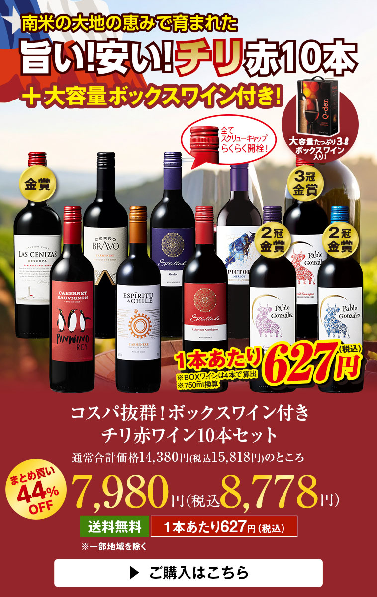 コスパ抜群!ボックスワイン付きチリ赤ワイン10本セット