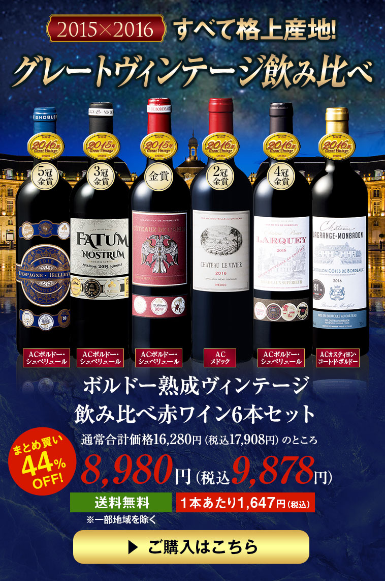 ボルドー熟成ヴィンテージ飲み比べ赤ワイン6本セット
